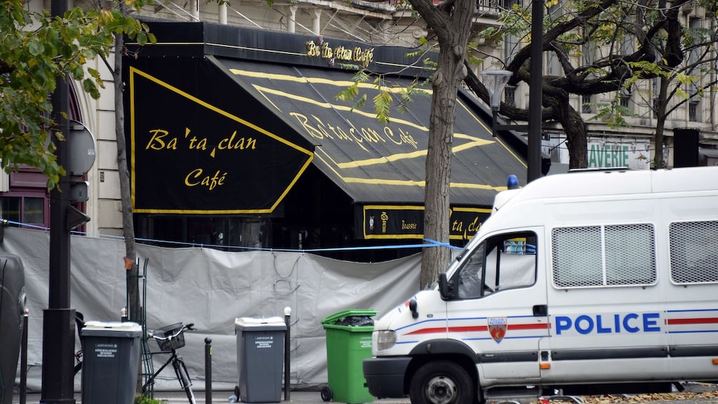 The cordoned-off Bataclan concert hall in Paris, November 16th, 2015. The “Beyond Chaos: In the Aftermath of the Arab Upheavals” launch occurred on the third anniversary of the massacres. Photograph: Bertrand Guay/AFP/Getty Images