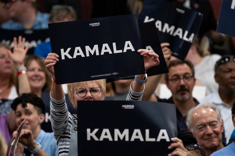 Supporters of US vice-president Kamala Harris react to her speaking during a campaign rally in West Allis, Wisconsin, on Tuesday. Photograph:  Jim Vondruska/Getty Images
