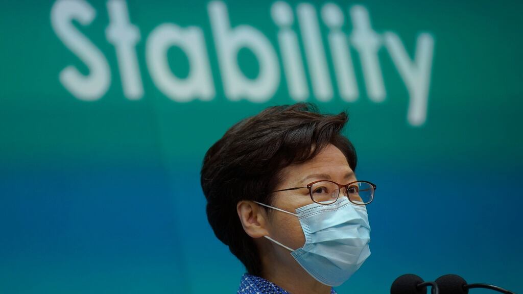 Hong Kong Chief Executive Carrie Lam listens to reporters’ questions during a press conference in Hong Kong on Tuesday. Photograph: AP