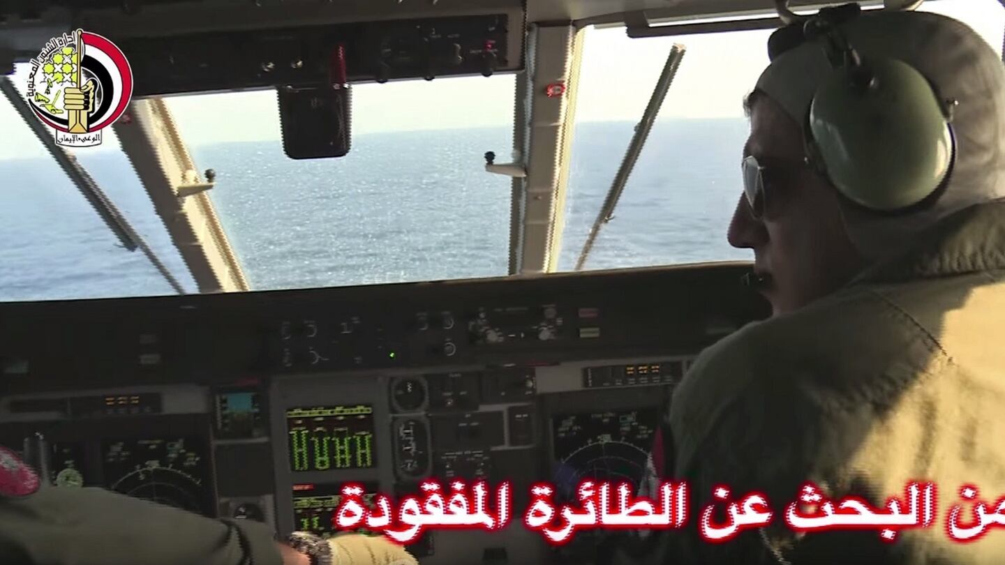 Video image of a pilot in an Egyptian plane searching in the Mediterranean Sea for the missing EgyptAir flight. Photograph: AP/Egyptian defence ministry