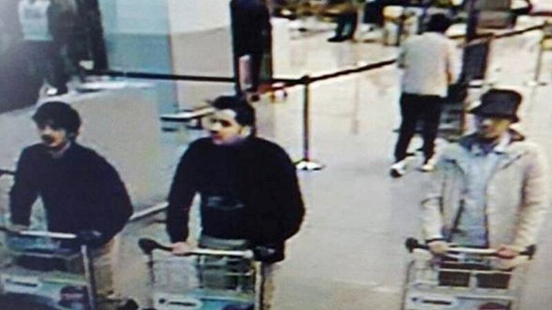 This CCTV image from the Brussels Airport surveillance cameras made available by Belgian Police, shows what officials believe may be suspects in the Brussels airport attack on March 22nd, 2016. Photograph: REUTERS/CCTV/Handout