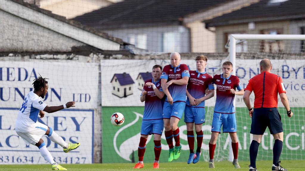 Finn Harps’ Eddie Dsane scores a goal from a free kick. Photograph: Tommy Dickson/Inpho