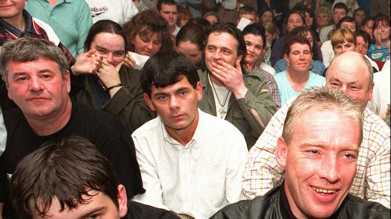 96-8-187a Alan Betson 22-8-96 At the Summerhill Anti Drugs march and meeting, centre is the man known as The Monk, Mr. Gerry Hutch.