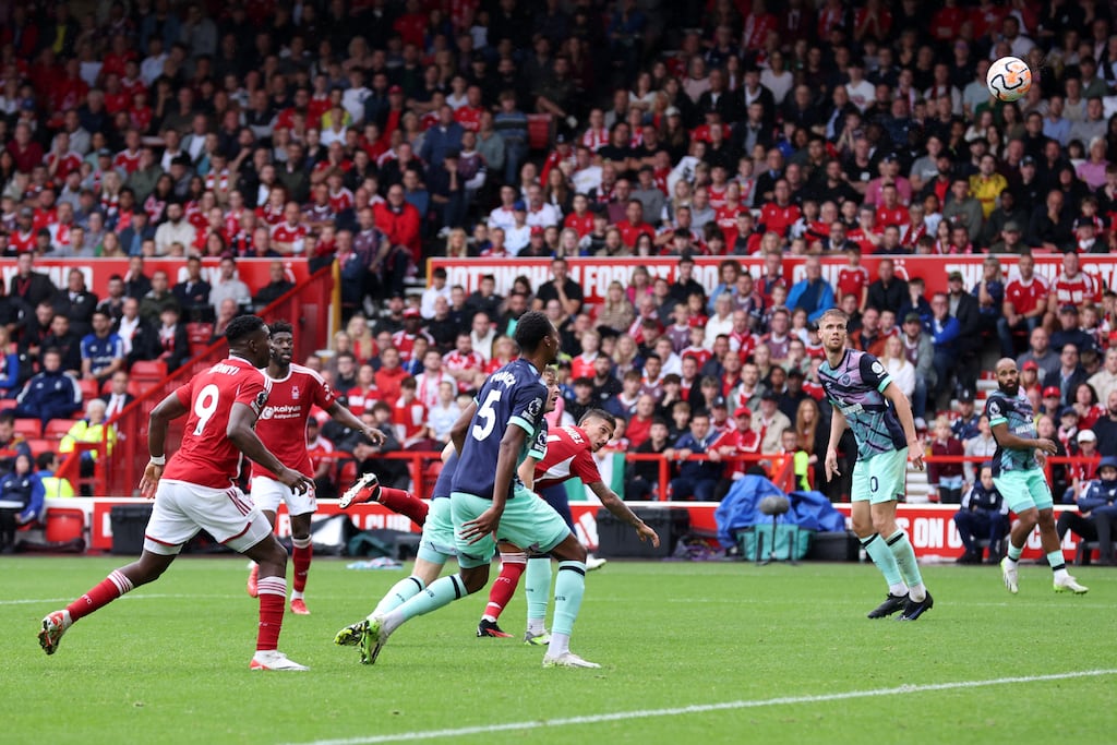 Nicolás Domínguez heads home Nottingham Forest's equaliser during the Premier League game against Brentford at the City Ground. Photograph: Alex Livesey/Getty Images