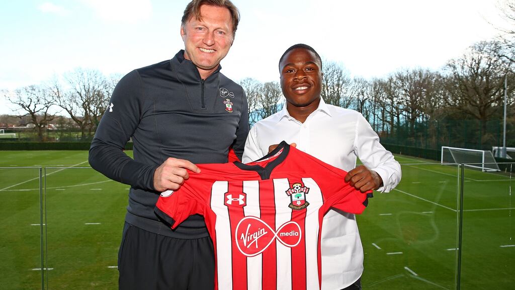 Michael Obafemi, pictured with manager Ralph Hasenhuttl, has signed a new three-and-a-half year contract with Southampton. Photo: Matt Watson/Southampton FC via Getty Images