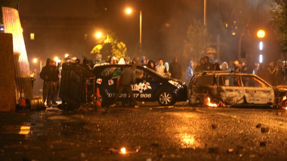 Rioting and burning car’s in Ardoyne, Belfast in 2010 after Orangemen marched past the nationalist area on their way back from the 12th July parade. Photograph: Dara Mac Dónaill/The Irish Times