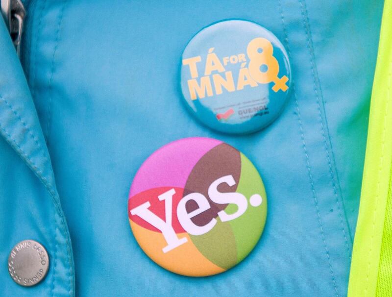 Eighth Amendment: a Together for Yes canvasser’s badges. Photograph: Daragh Mc Sweeney/Provision