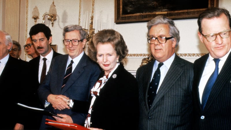 File photo dated November 1985 showing British prime minister Margaret Thatcher, taoiseach Garret Fitzgerald, tánaiste Dick Spring, Geoffrey Howe at Hillsborough Castle, Belfast for an Anglo Irish summit. Photograph: PA