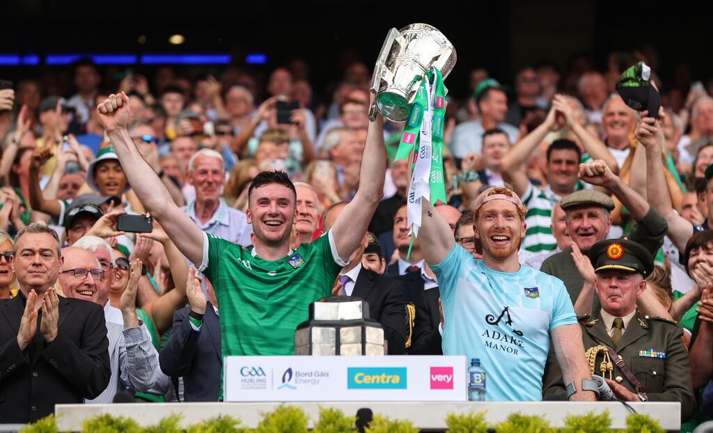 Limerick's Declan Hannon and Cian Lynch lift the Liam MacCarthy Cup after winning the All-Ireland Senior Hurling Championship final on July 17th, 2022. Photograph: Ryan Byrne/Inpho