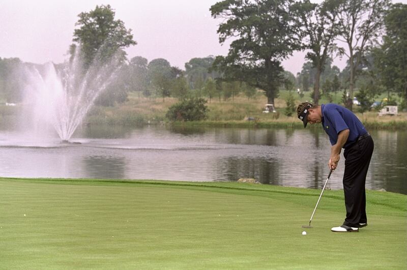 Lee Westwood putts on the 18th green during his Smurfit European Open victory at the K Club in 1999. He produced a final round of 65 to overhaul Darren Clarke's big lead. Photograph: Paul Severn/Allsport