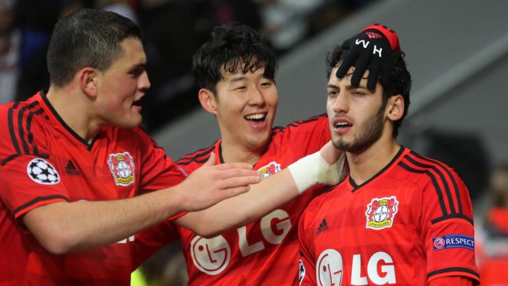 Hakan Calhanoglu score Bayer Leverkusen’s winner in theor 1-0 win over Atletico Madrid. Photograph: EPA