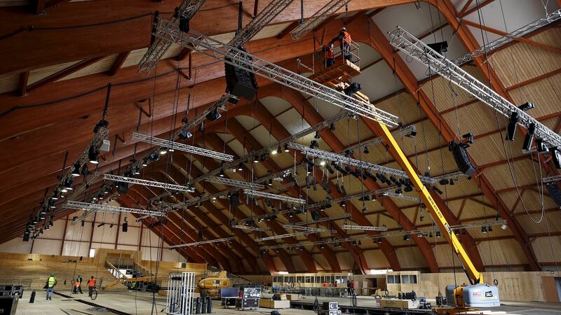 Men at work: the site where the forthcoming COP21 World Climate Summit will be held at Le Bourget, near Paris, France. Photograph: Reuters