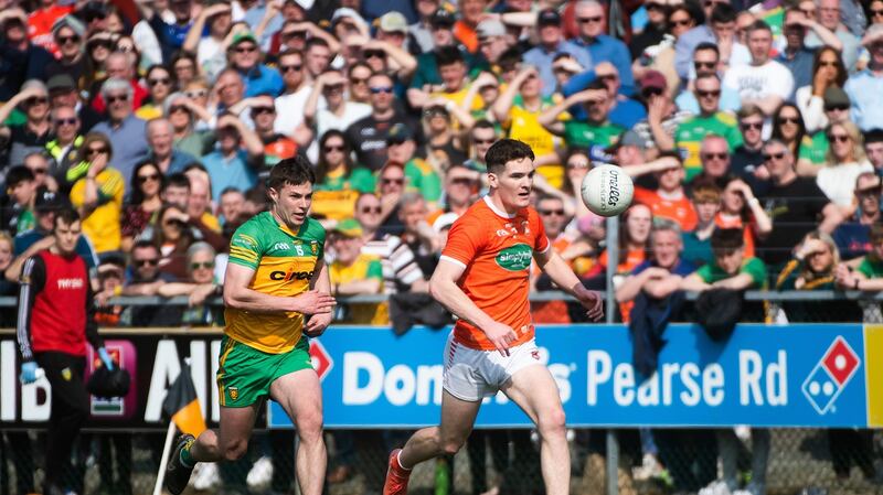 Donegal’s Conor O’Donnell and Armagh’s Jarly Óg Burns in action during the Allianz Football League Division One game at O’Donnell Park in Letterkenny. Photograph: Evan Logan/Inpho