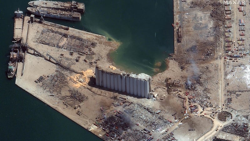 An overview of the damage caused to Beirut’s port after the explosion on Tuesday. Photograph: Handout/Satellite image © 2020 Maxar Tech/AFP via Getty Images