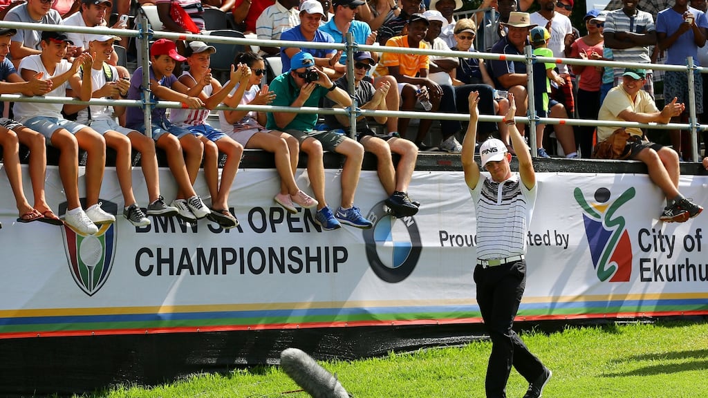 Brandon Stone of South Africa walks out for the trophy presentation after winning the BMW South Africa Open at Glendower Golf Club in Johannesburg. Photograph: Richard Heathcote/Getty Images
