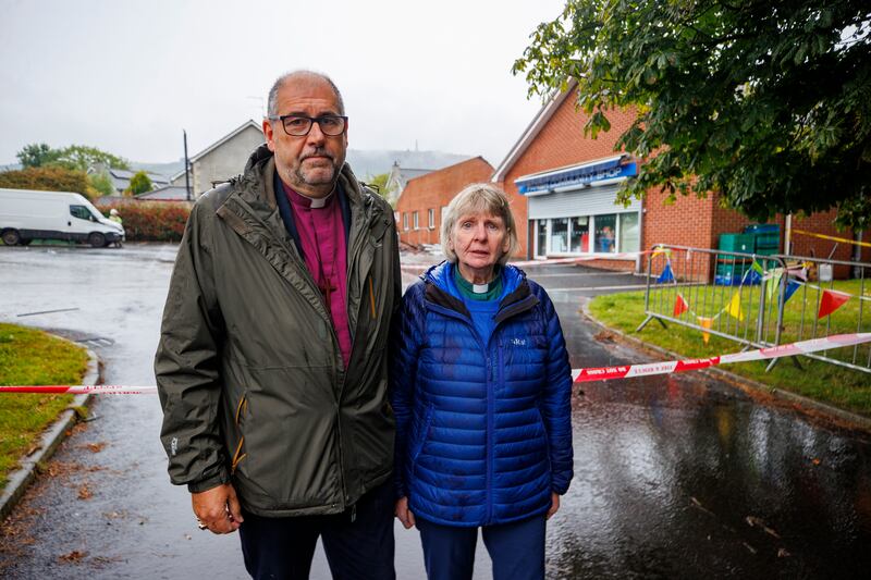 Bishop of Connor Rev George Davison and Rev Isobel Hawthorne-Steele at the church on Monday. Photograph: Liam McBurney/PA Wire