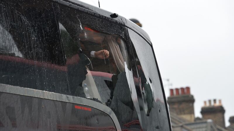 Damage caused to the Manchester United bus after it was attacked close to West Ham’s Upton Park ground in east London ahead of the Premier League game between the sides. Photograph: Glyn Kirk/AFP/Getty Images