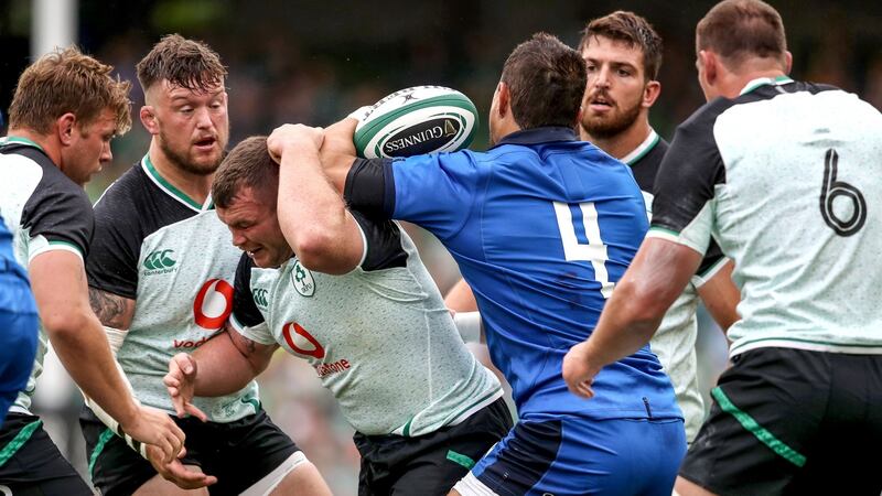 Ireland’s Andrew Porter and Jack McGrath with Alessandro Zanni of Italy in Saturday’s Guinness Summer Series match at the Aviva Stadium in Dublin. Photograph: Dan Sheridan/Inpho