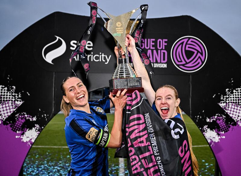 Athlone Town's Madie Gibson and Kelly Brady celebrating with the SSE Airtricity Premier Division trophy earlier this month. Photograph: Sam Barnes/Sportsfile