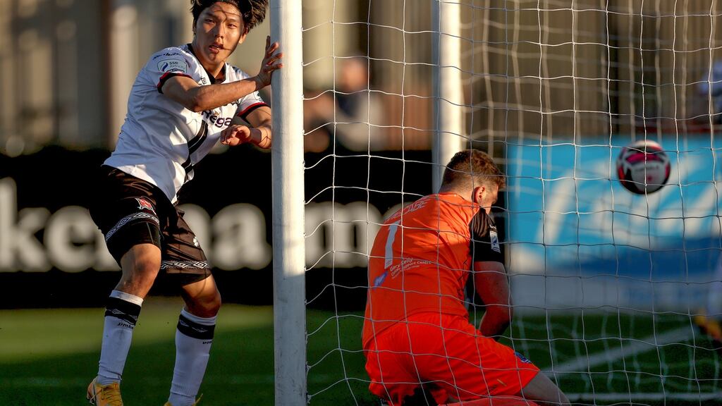 Dundalk’s Jeongwoo Han scores the winner against Drogheda. Photograph: James Crombie/Inpho