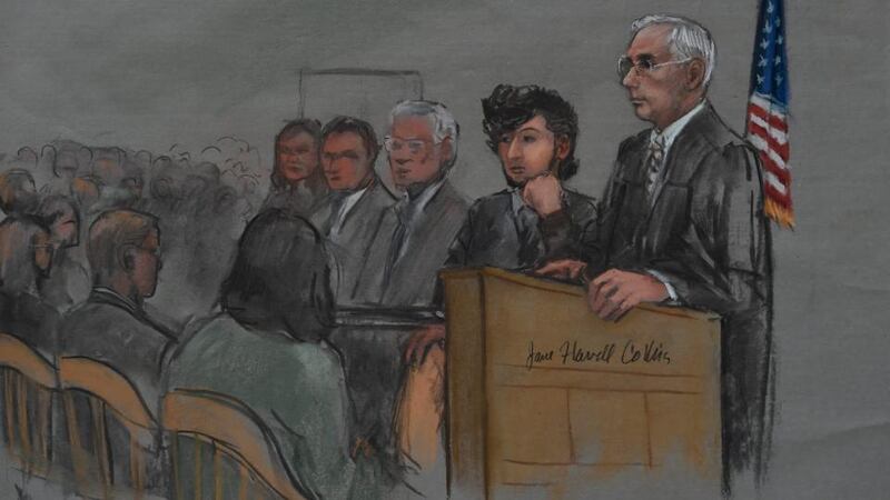 An artist’s drawing of the scene inside the John J Moakley Federal Courthouse of Dzhokhar Tsarnaev and trial judge George O’Toole during jury selection in Boston, Massachusetts. If convicted, Tsarnaev could face the death penalty. Photograph: EPA