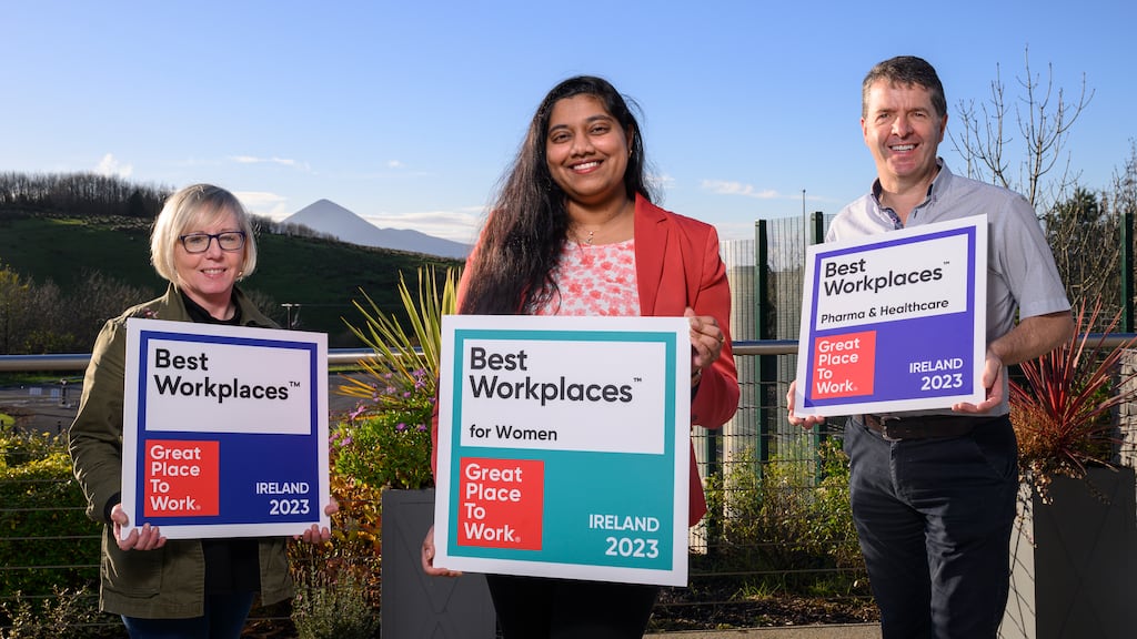 AbbVie Westport staff members Gracie English, manufacturing analyst, Steffi Jebaraj, analytical technology specialist, and Liam Friel, senior manager operational excellence, celebrate the accolade from Great Place To Work