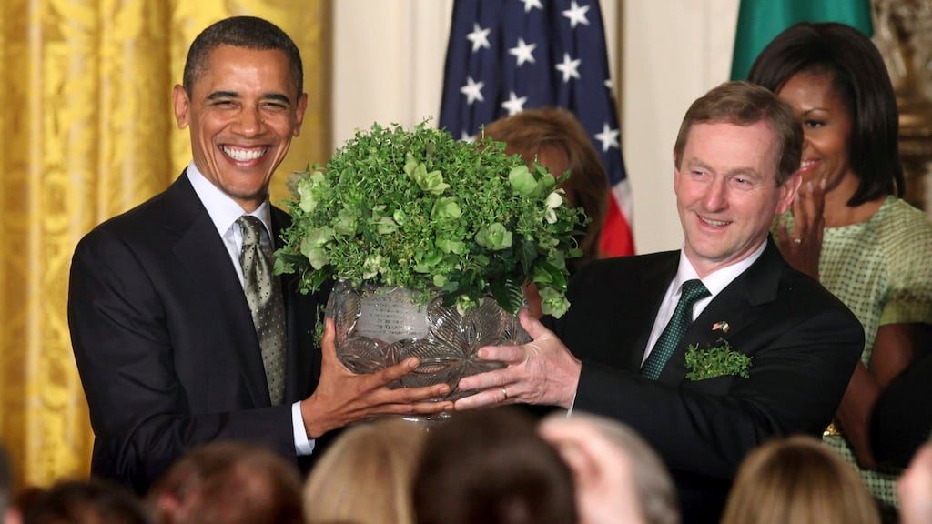 Barack Obama receives shamrock from Enda Kenny: Enda will travel to the US to celebrate “Patty’s Day” with The Donald. Photograph: Chris Kleponis/Reuters