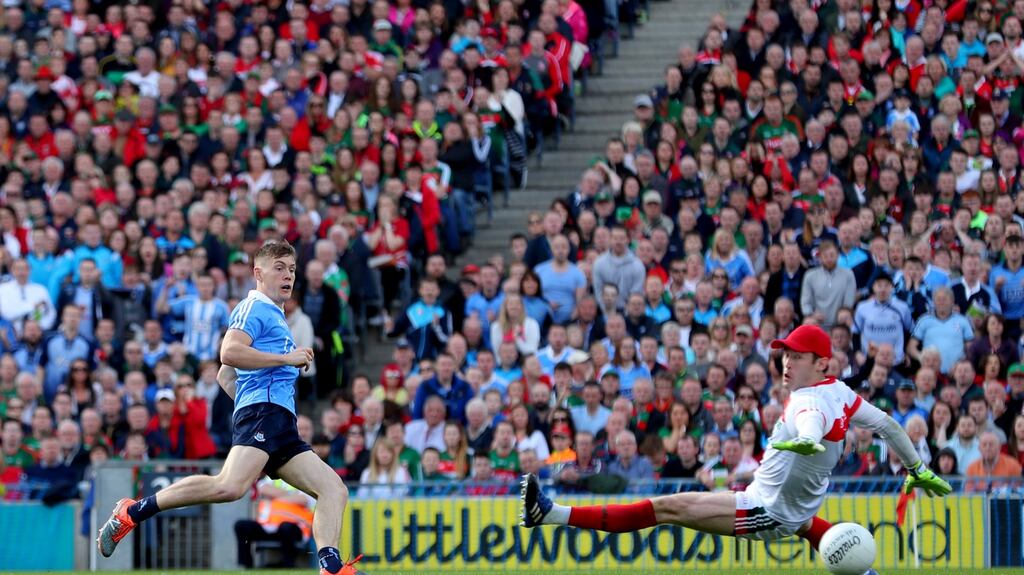 Con O’Callaghan scores Dublin’s early goal in the final against Mayo with a nonchalant finish. Photograph: James Crombie/Inpho
