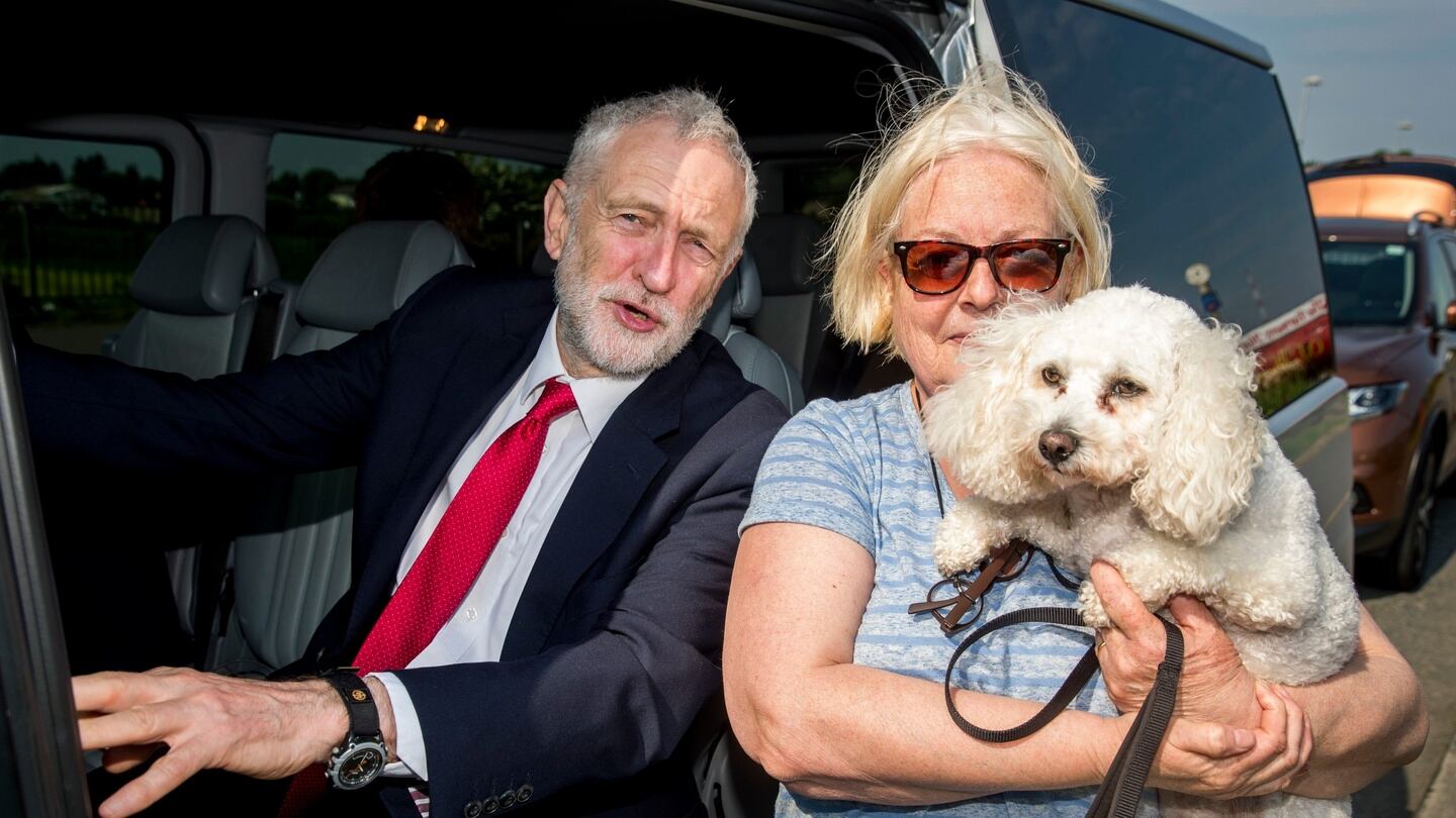 Labour leader Jeremy Corbyn meets Betty Keegan with her dog Blossom after visiting Lifford Bridge on the Border. Photograph: Liam McBurney/PA Wire