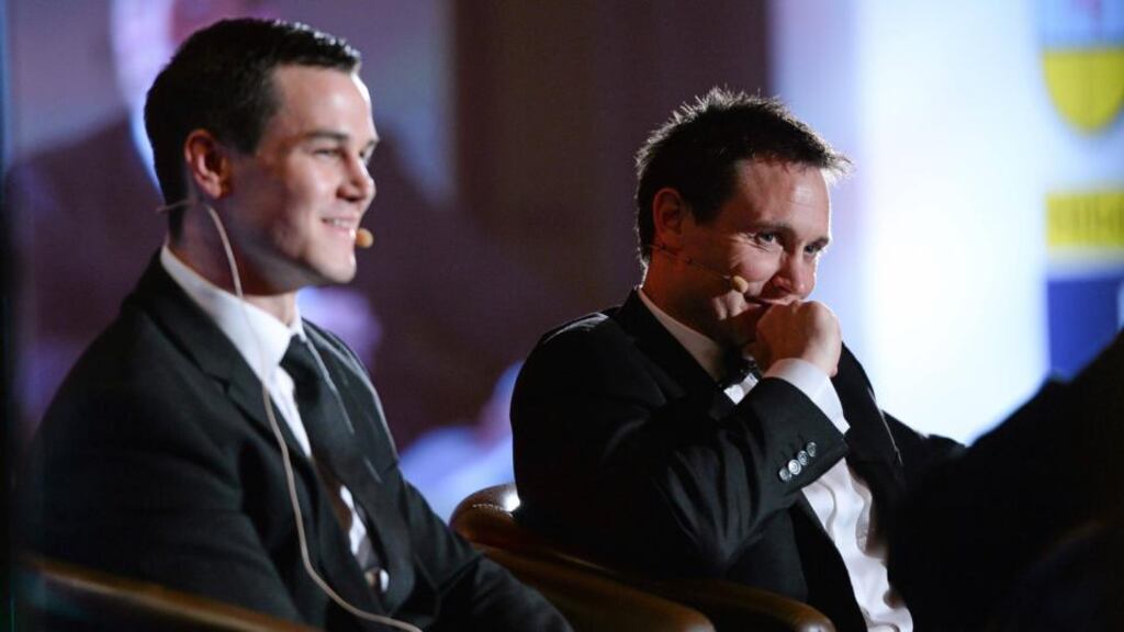 Former All Black outhalf Andrew Mehrtens, right, with Ireland and Leinster out-half during the Irupa Rugby Player Awards 2013. Photograph: Brendan Moran/Sportsfile
