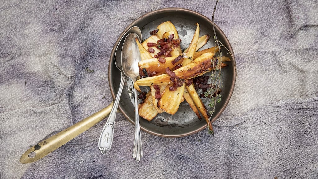 Sticky parsnips with sherry and smoked bacon