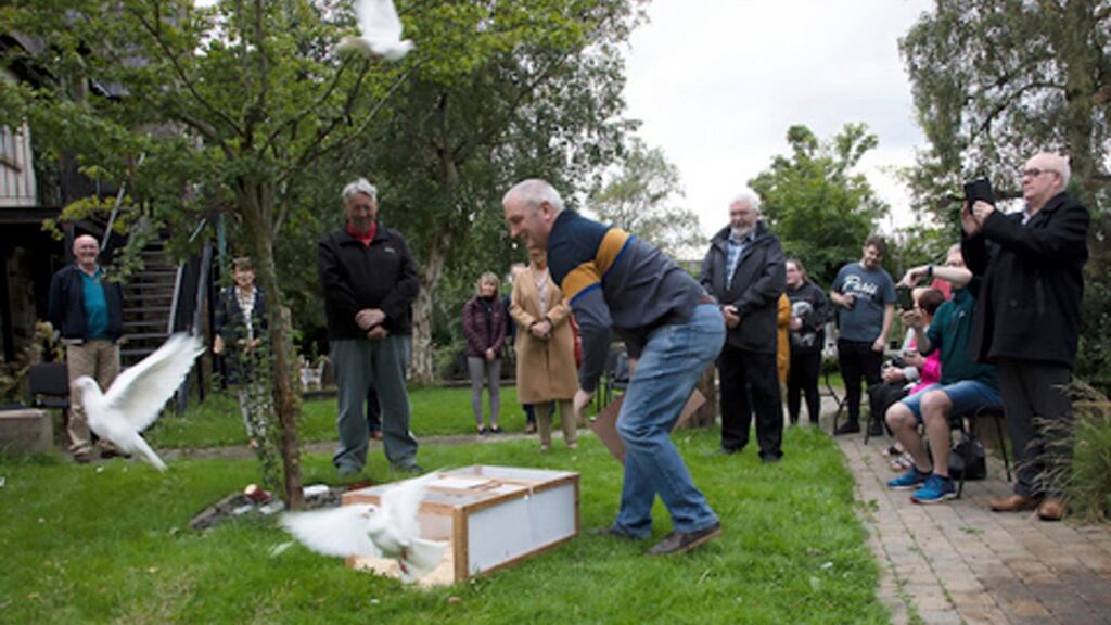 Michael McConville, Jean McConville’s son, at the Wave Trauma Centre in Omagh, Co Tyrone, releasing five doves to mark the International Day of the Disappeared. Photograph: Kevin Cooper/PA Wire