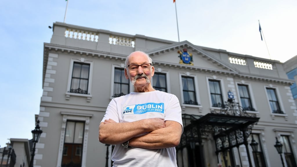 Frank Behan at the Mansion House in Dublin. He is the oldest of 13 people to have completed all 39 Dublin Marathons since 1980. Photograph: David Fitzgerald/Sportsfile