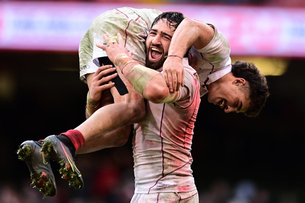 Beka Saghinadze of Georgia celebrates with team-mate Davit Niniashvili after the win over Wales in the Autumn Nations Series Test at the Principality Stadium in Cardiff. Photograph: Ashley Crowden/Inpho