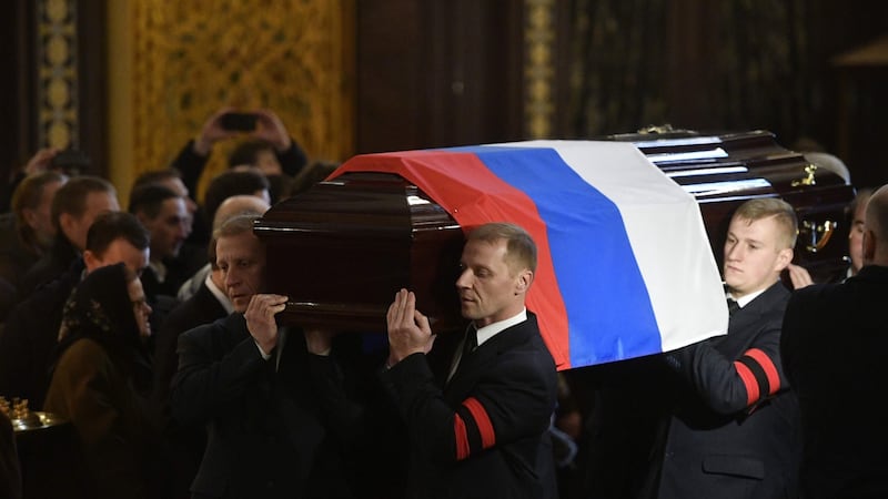 Pallbearers carry the casket of Andrei Karlov during the funeral ceremony at the Christ the Saviour Cathedral in Moscow on Thursday. Photograph: Alexander Nemenoval/AFP/Getty Images