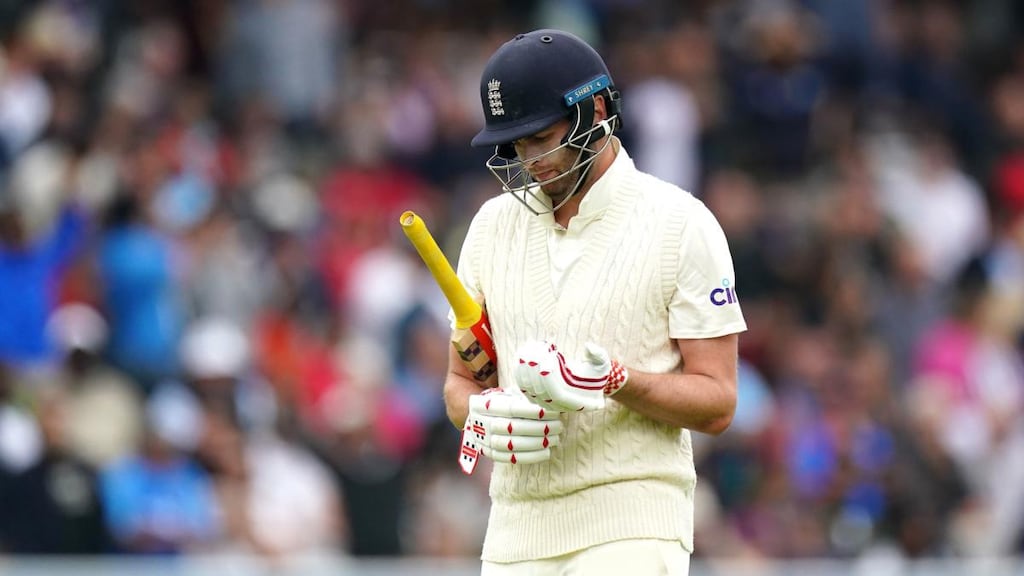 England’s Dom Sibley looks dejected after being out for a duck during day five of the second Test match against India at Lord’s. Photograph: Zac Goodwin/PA Wire
