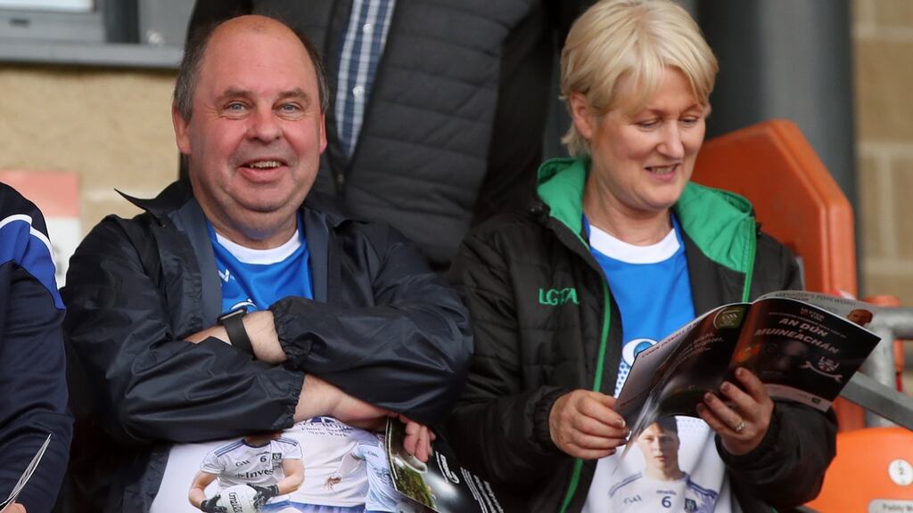 Brendán and Esther, the parents of teenager Brendan Óg Ó Dufaigh, captain of Monaghan’s under-20s team who tragically died in a car crash attended the game. Photograph: Declan Roughan/Inpho