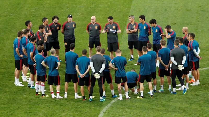 Fernando Hierro addresses his Spain squad during training on Thursday. Photograph: Murad Sezer/Reuters