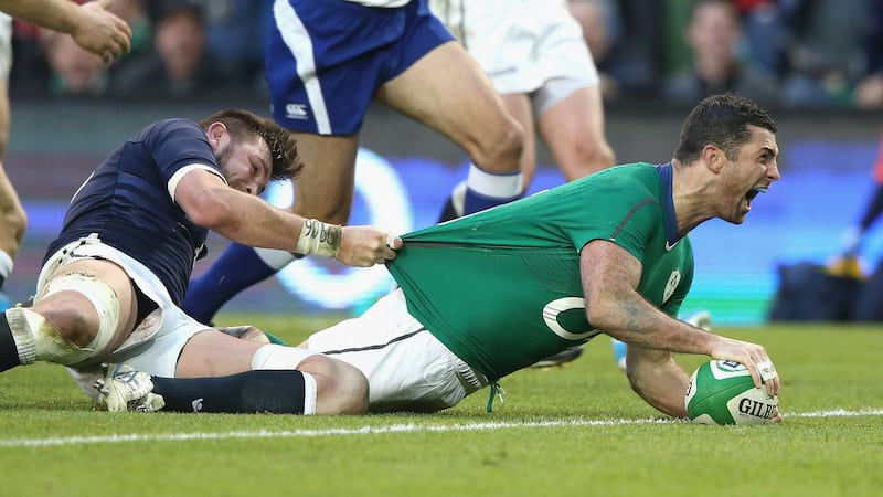 Rob Kearney of Ireland dives over for a try against Scotland in 2014. Photograph: David Rogers/Getty