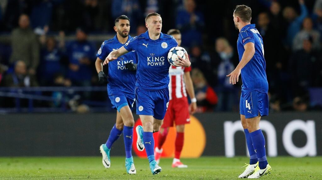 Leicester City’s Jamie Vardy brings the ball back to the halfway spot after scoring. Photograph: Reuters