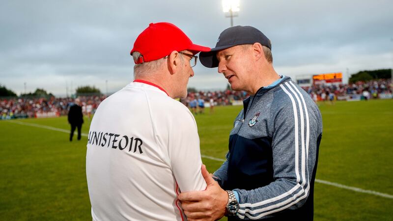 Tyrone’s manager Mickey Harte and Dublin manager Jim Gavin after the game. Photograph: James Crombie/Inpho