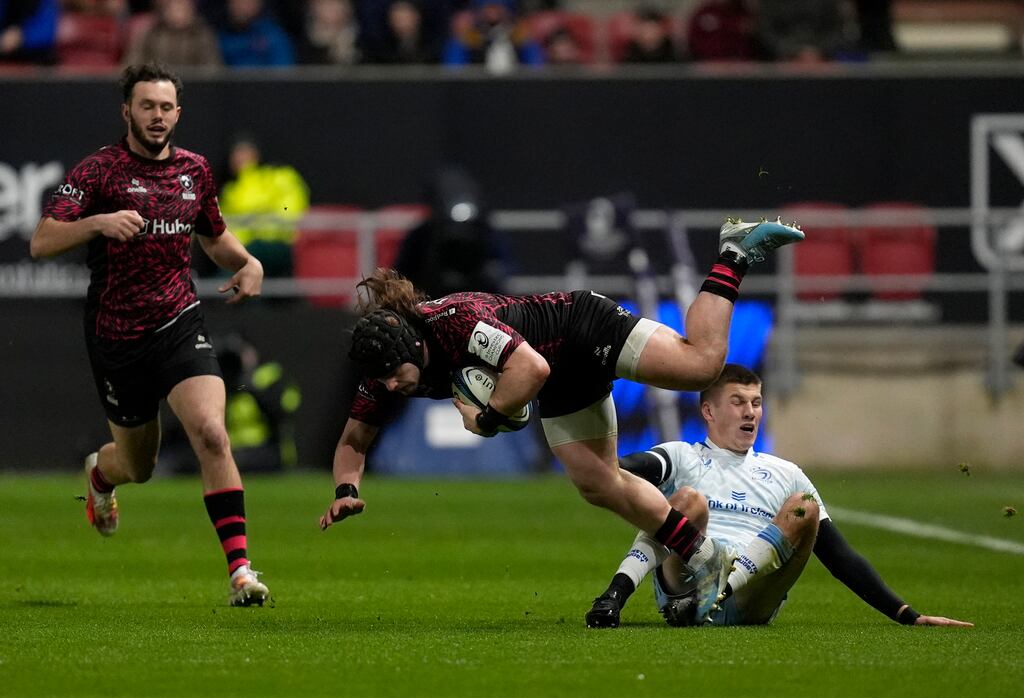 Bristol Bears' Harry Thacker is tackled by Leinster's Sam Prendergast during the Champions Cup match at Ashton Gate on Sunday. Photograph: Andrew Matthews/PA Wire