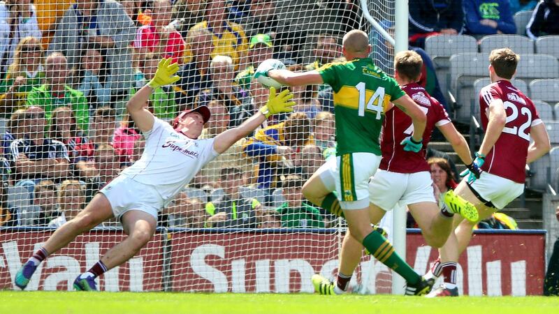 Kieran Donaghy scores a goal against Galway  in this year’s All-Ireland SFC quarter-final. Photograph: James Crombie/Inpho
