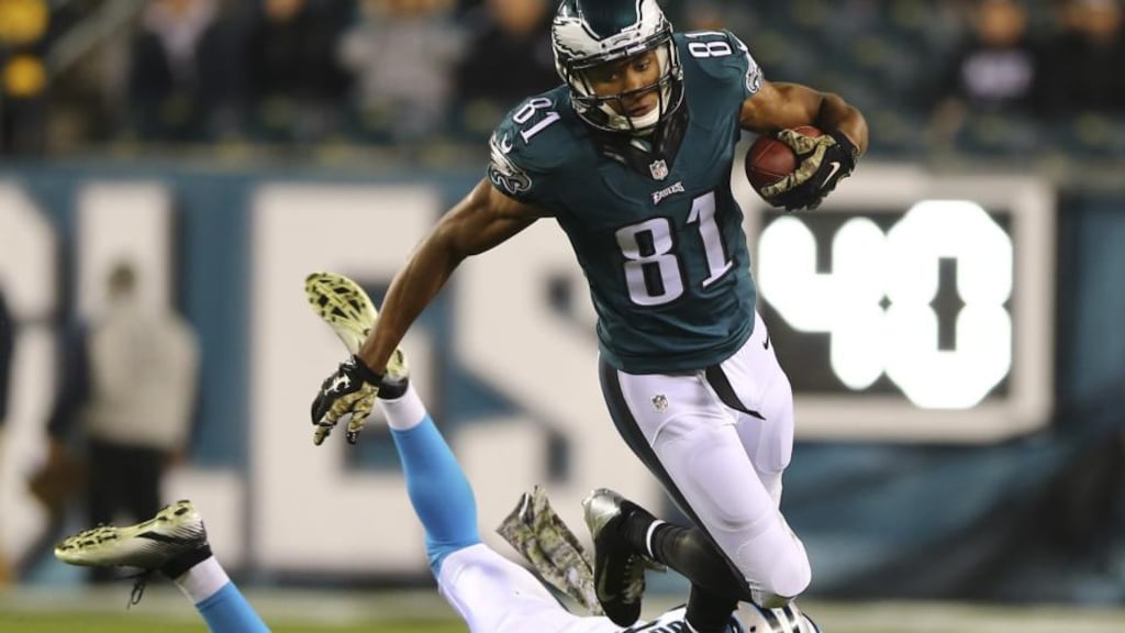 Jordan Matthews of the Philadelphia Eagles gets tackled by Thomas DeCoud after trying to run for extra yards after catching the ball. Photograph: Elsa/Getty Images
