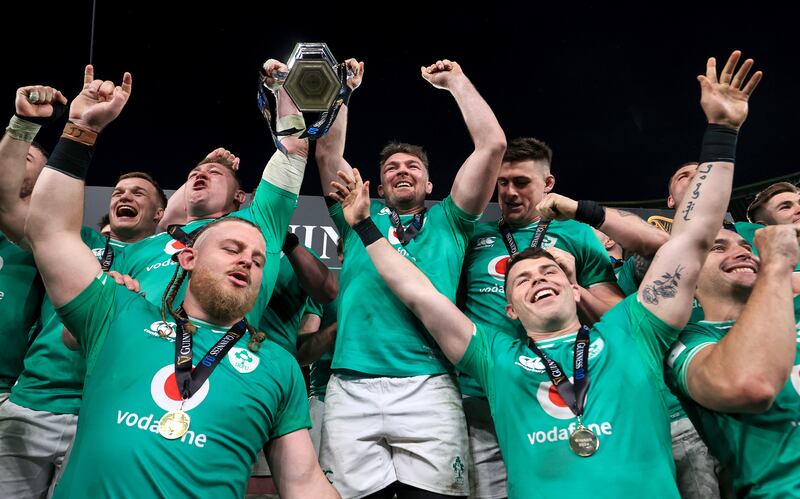 Peter O’Mahony lifts the trophy as Ireland celebrate winning the 2024 Guinness Six Nations Championship at the Aviva Stadium. Photograph: Dan Sheridan/Inpho