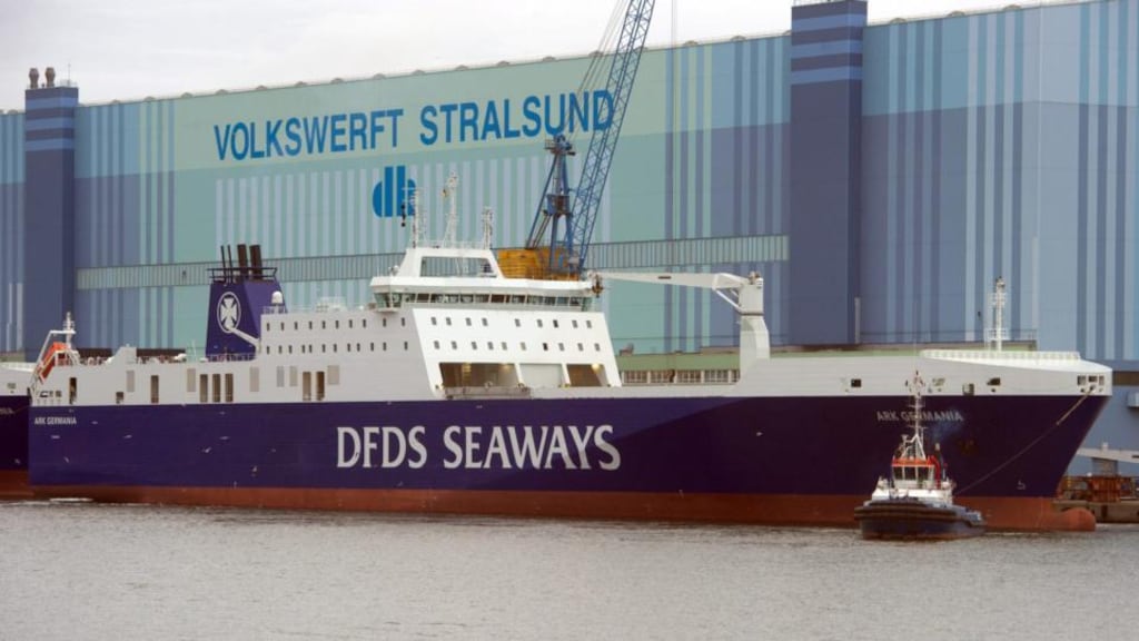 A tugboat pulls the transport ship Ark Germania from the wharf for a test run at insolvent P+S-Werft Volkswerft in Stralsund, Germany. Photograph: Stefan Sauer/EPA
