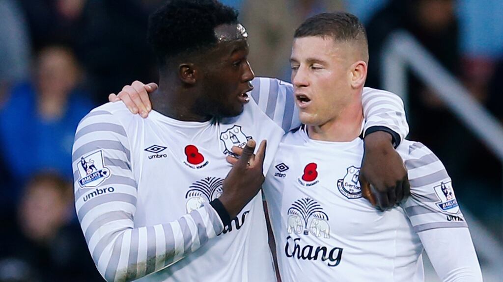 Everton’s Romelu Lukaku celebrates scoring against West Ham with Ross Barkley. Photograph: Eddie Keogh/Reuters