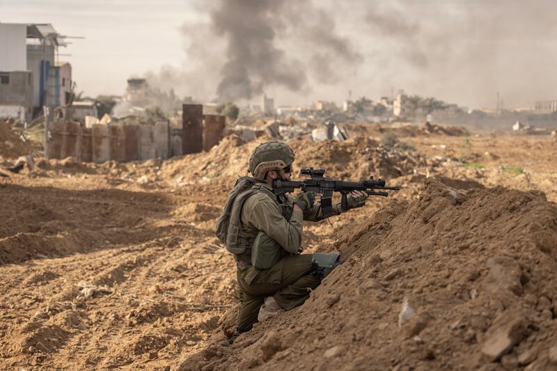 An Israeli soldier operates during an escorted tour by the military for international journalists in the central Gaza Strip. It remains unclear how the military action can destroy Hamas and save the remaining Israeli hostages. Photograph: Avishag Shaar-Yashuv/The New York Times