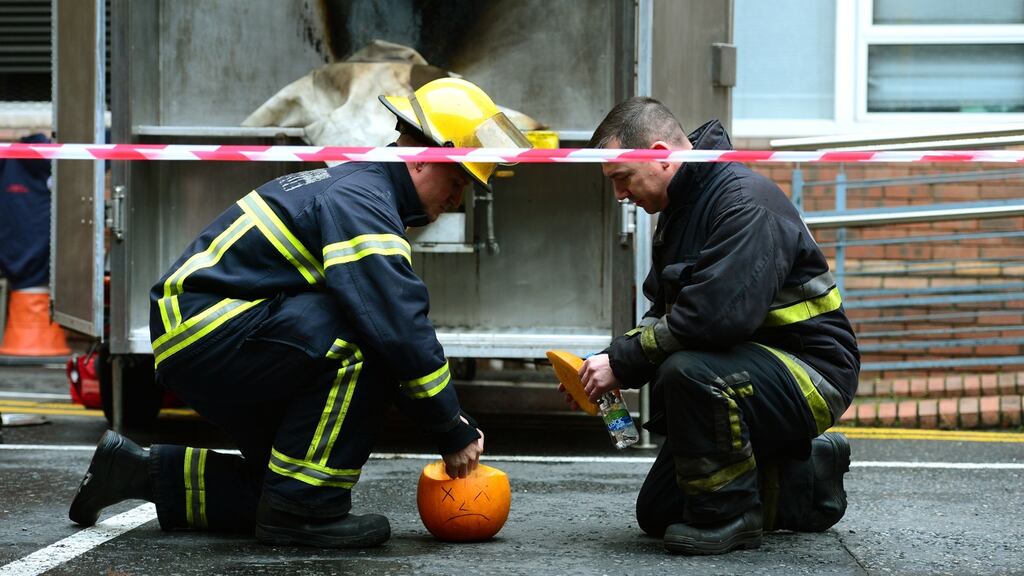 Dublin Fire Brigade launches its Be Safe – Stay Safe Halloween Campaign with children from Clonburris NS, Clondalkin, Dublin. During the launch, the Fire Brigade showed a pumpkin being blown apart by a firework. Photograph: Dara Mac Dónaill
