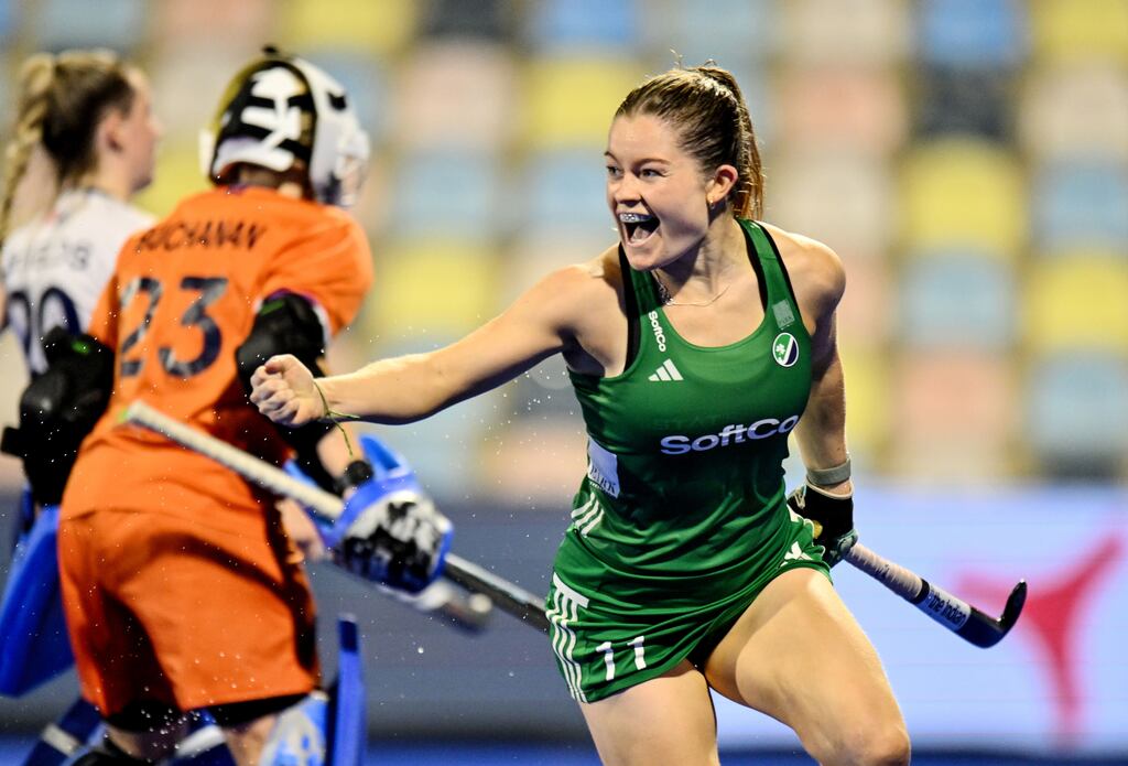 Sarah Torrans celebrates scoring Ireland's fifth goal during the Women's EuroHockey Championships Group B match against Scotland at Hockeypark, Mönchengladbach, Germany on Saturday. Photograph: Frank Uijlenbroek/Inpho